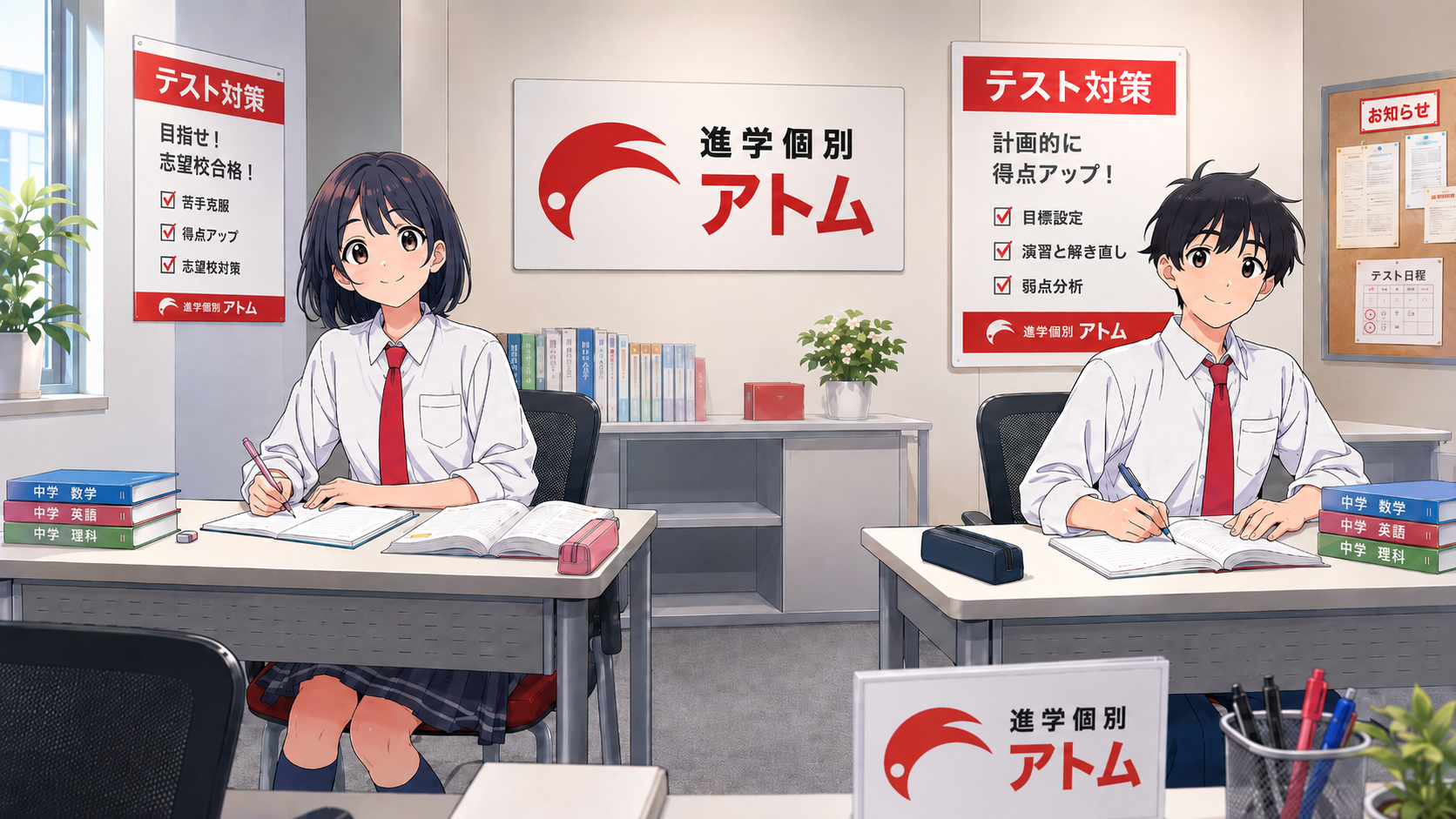 【読売ランド前教室限定】無料テスト対策キャンペーン|アトム読売ランド前教室 アトム読売ランド前教室の自習イラスト-男子と女子のお知らせ「【読売ランド前教室限定】無料テスト対策キャンペーン」
