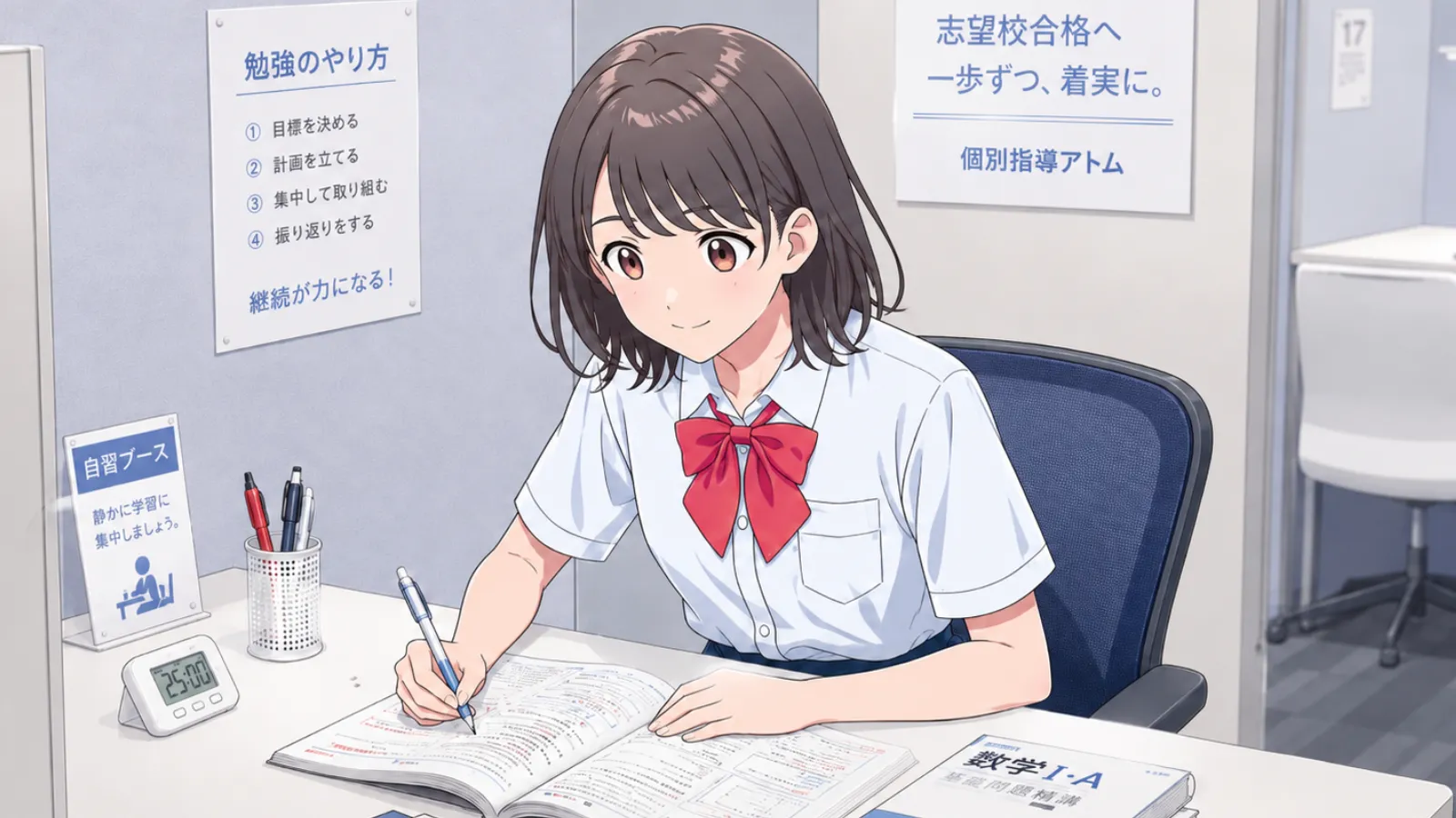 アトム梅島教室の自習室-イラスト-女子のお知らせ「【梅島教室】ATOM式学習アドバイス」