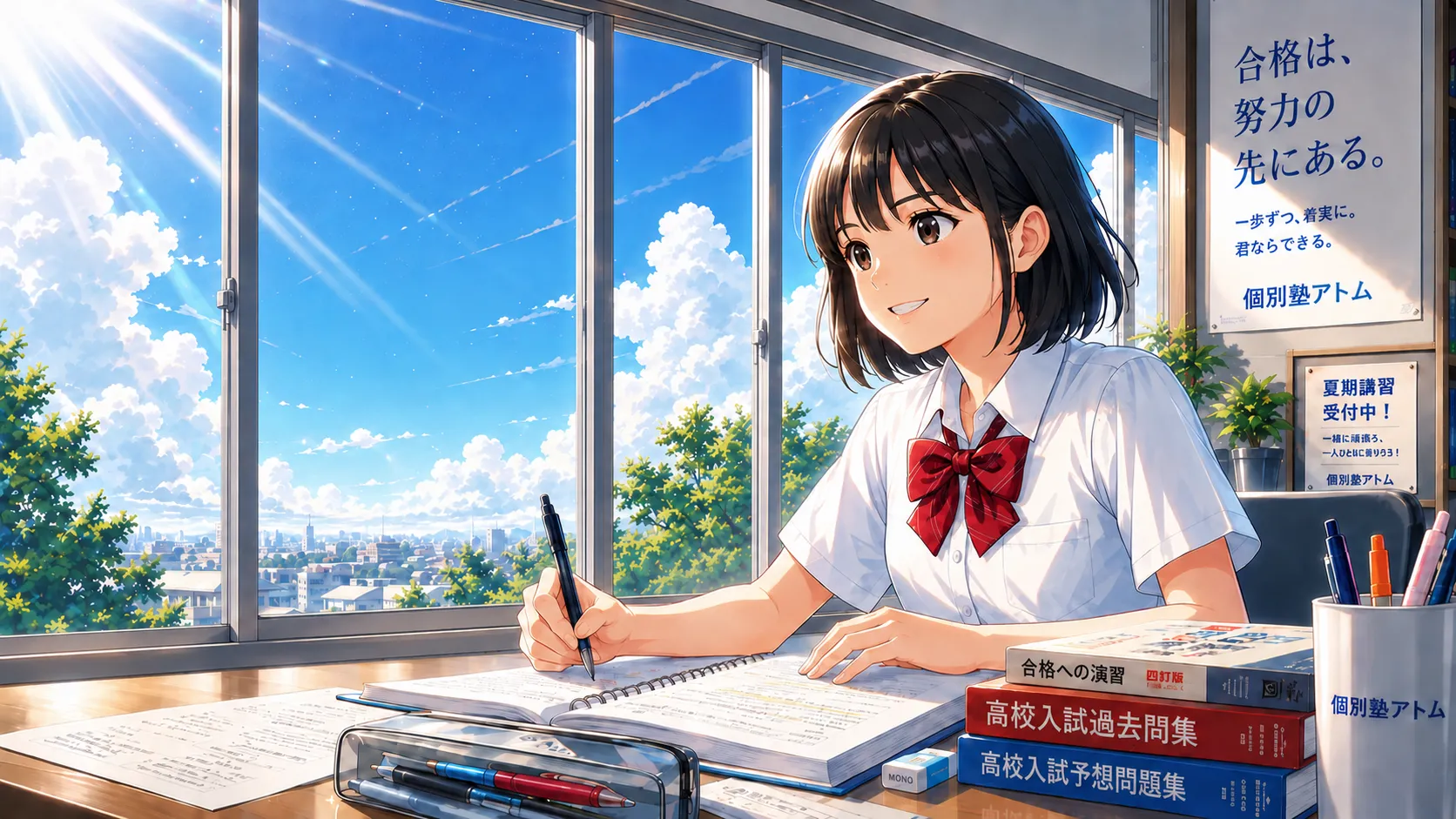アトム能見台教室の自習-イラスト(夏)のお知らせ「夏休みこそ、自習スペースを活用して「勉強する習慣」を身につけましょう」