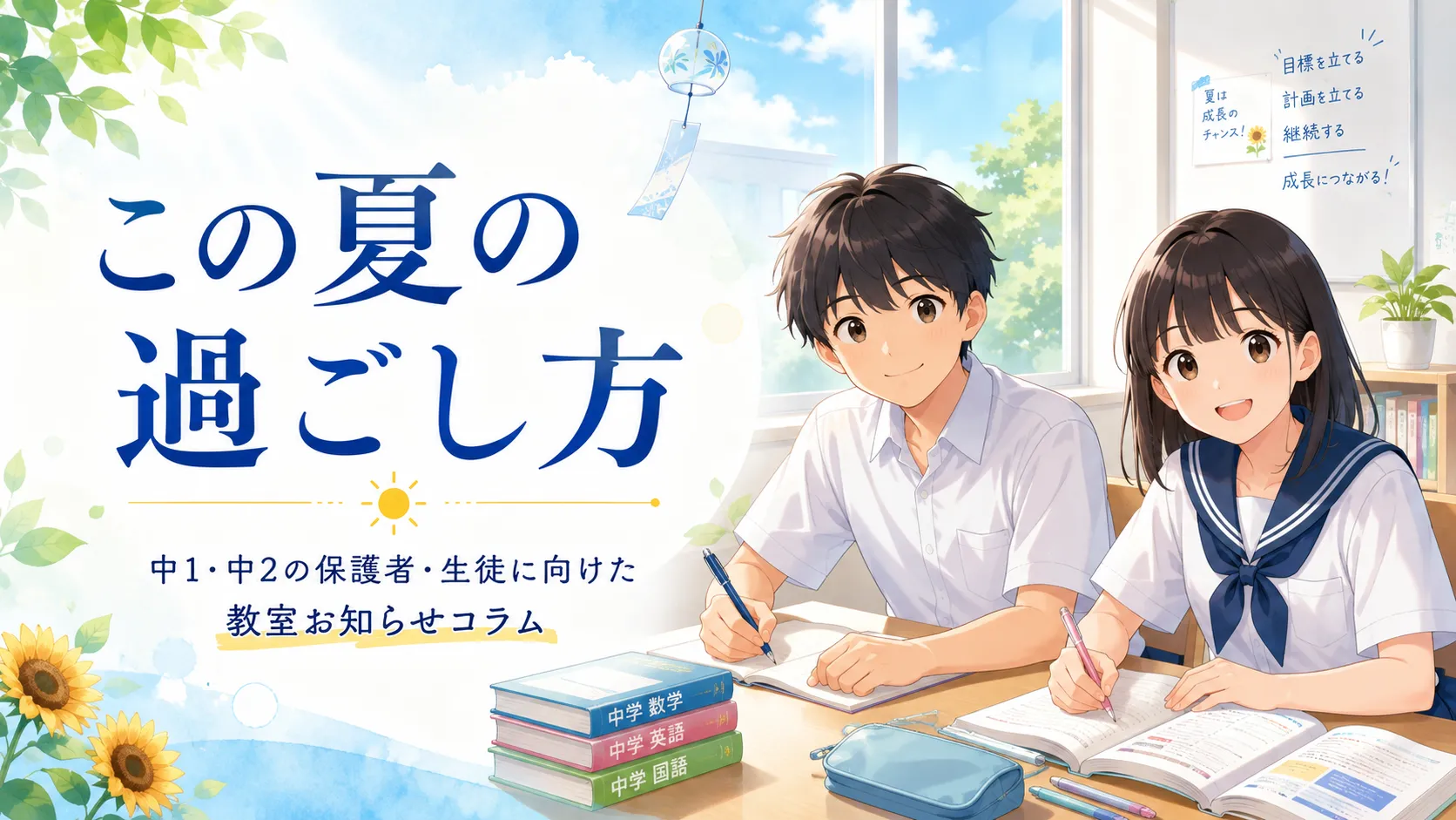 アトム西八王子教室のこの夏の過ごし方-イラストのお知らせ「【西八王子教室】中1・中2の英語・数学｜夏休みに1学期のつまずきを見直そう」